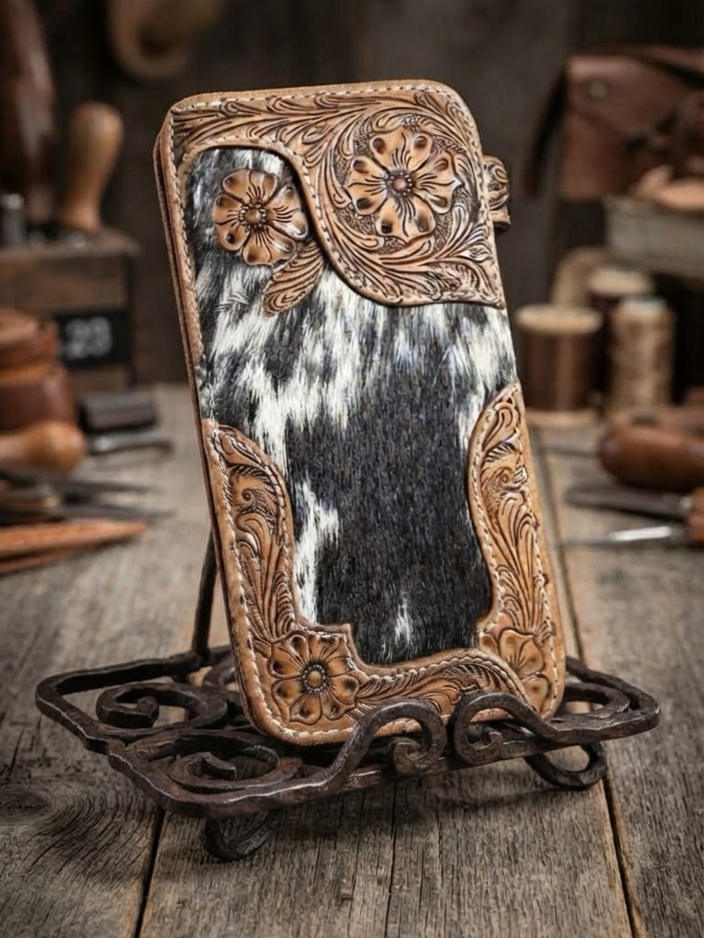 🤠  Sensational Myra Bag Hand-Tooled Leather & Cowhide Wristlet Wallet! 4"x 8" - Picture 2 of 11